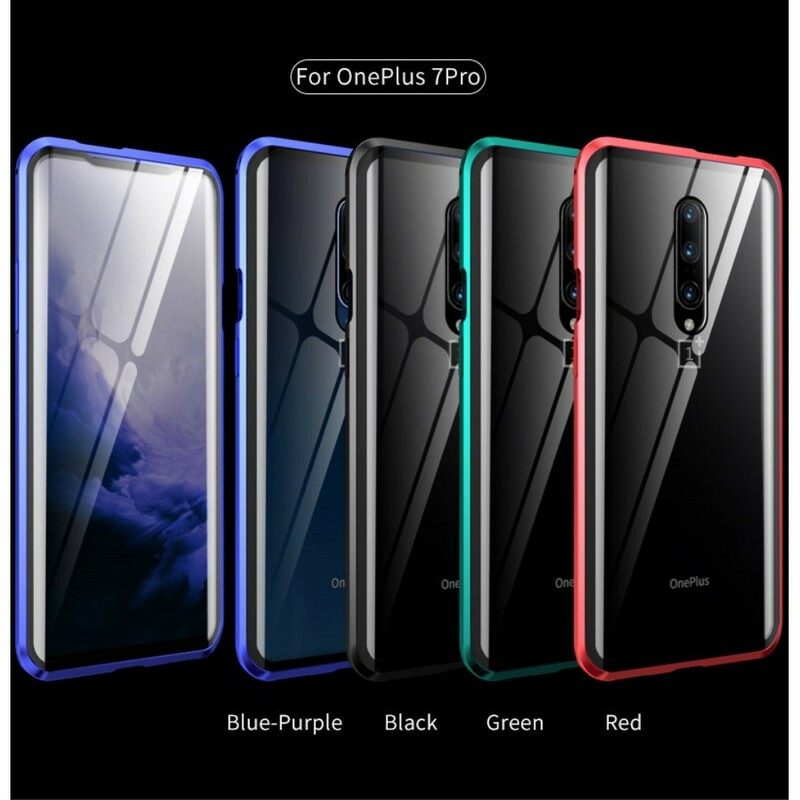 Flip Case OnePlus 7 Pro Karkaistu Lasi Ja Metallireunat