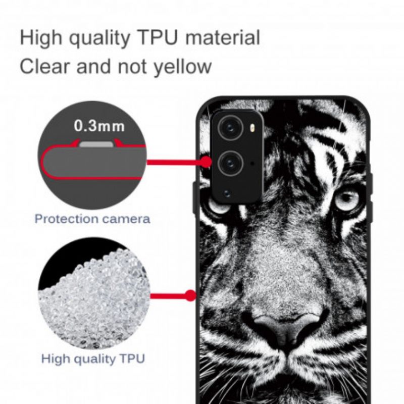 Case OnePlus 9 Pro Mustavalkoinen Tiikeri