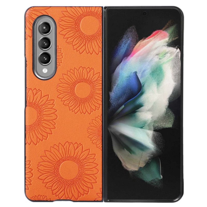 Case Samsung Galaxy Z Fold 4 Keinonahalla Päällystetty Auringonkukkakuvio