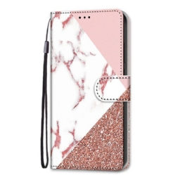 Flip Case Samsung Galaxy S21 5G Kolmio Marmorissa Ja Paljeteissa