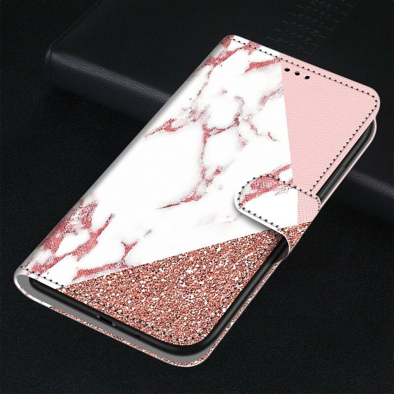 Flip Case Samsung Galaxy S21 5G Kolmio Marmorissa Ja Paljeteissa