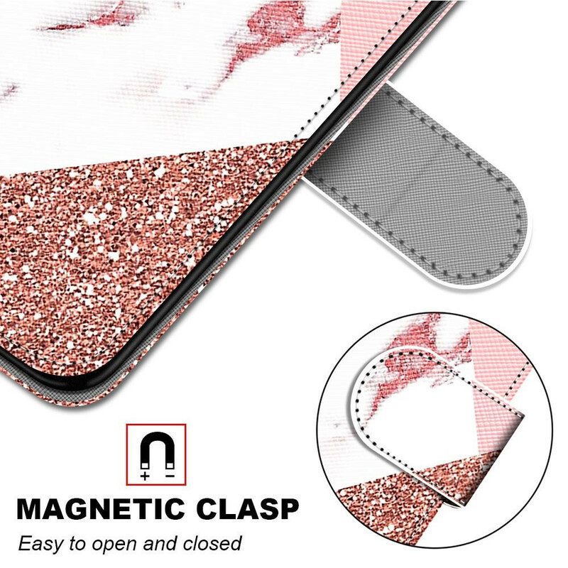 Flip Case Samsung Galaxy S21 5G Kolmio Marmorissa Ja Paljeteissa