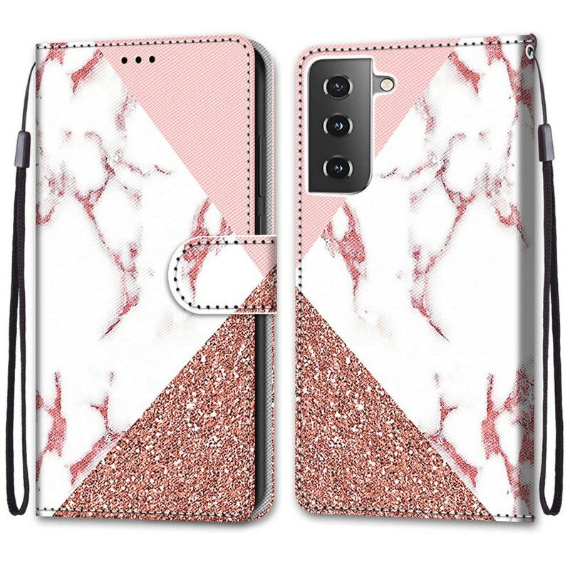 Flip Case Samsung Galaxy S21 5G Kolmio Marmorissa Ja Paljeteissa