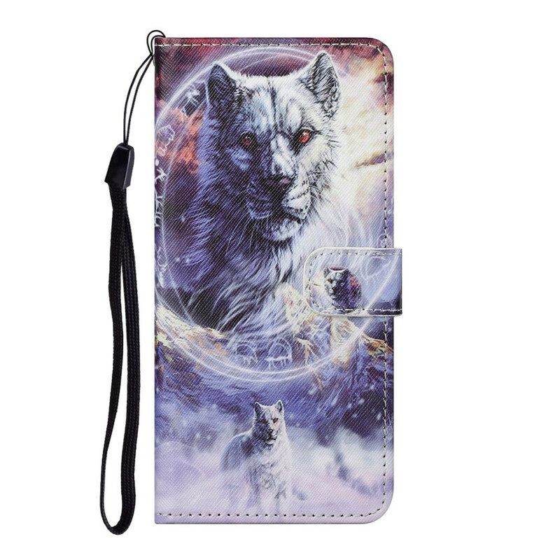 Flip Case Samsung Galaxy S21 5G Wolf Talvella Kaulanauhan Kanssa