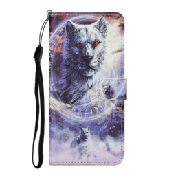 Flip Case Samsung Galaxy S21 5G Wolf Talvella Kaulanauhan Kanssa