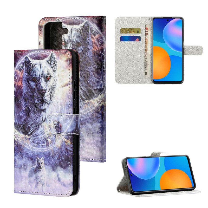 Flip Case Samsung Galaxy S21 5G Wolf Talvella Kaulanauhan Kanssa