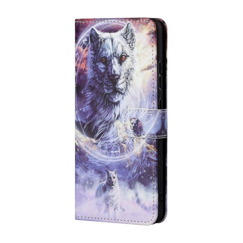 Flip Case Samsung Galaxy S21 5G Wolf Talvella Kaulanauhan Kanssa