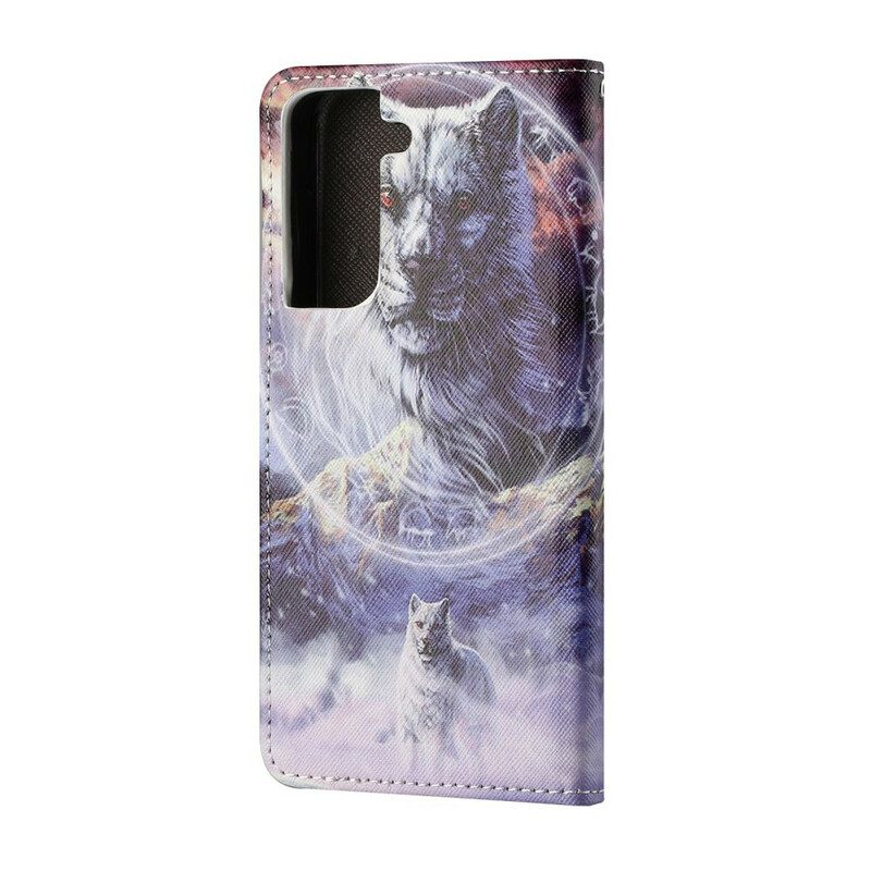 Flip Case Samsung Galaxy S21 5G Wolf Talvella Kaulanauhan Kanssa