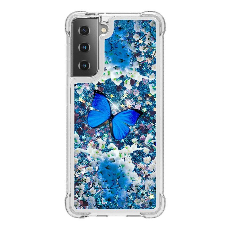 Kuori Samsung Galaxy S21 5G Glitter Blue Butterflies