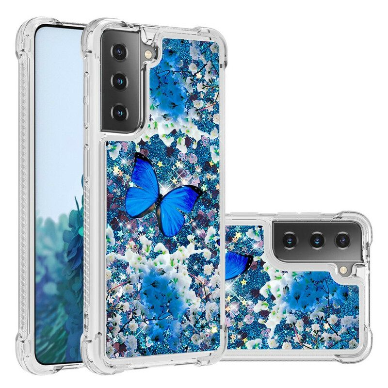 Kuori Samsung Galaxy S21 5G Glitter Blue Butterflies