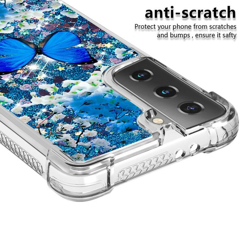 Kuori Samsung Galaxy S21 5G Glitter Blue Butterflies