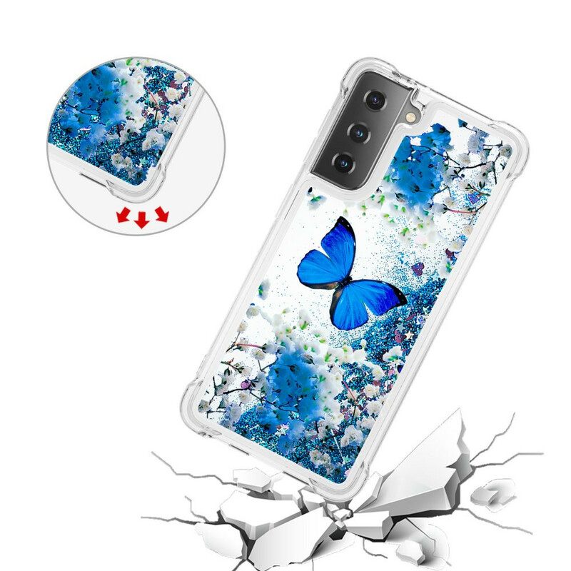 Kuori Samsung Galaxy S21 5G Glitter Blue Butterflies