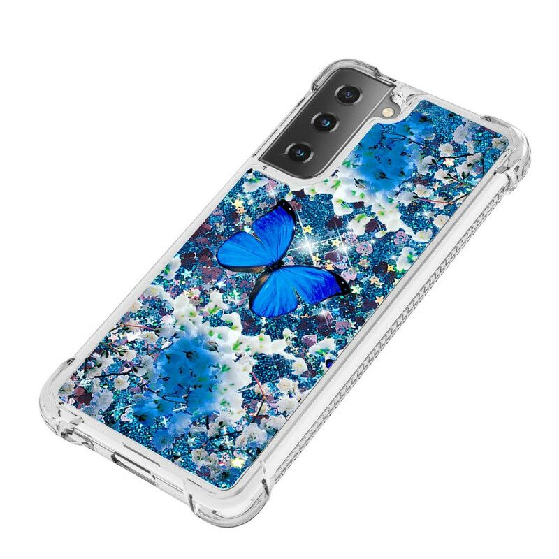 Kuori Samsung Galaxy S21 5G Glitter Blue Butterflies