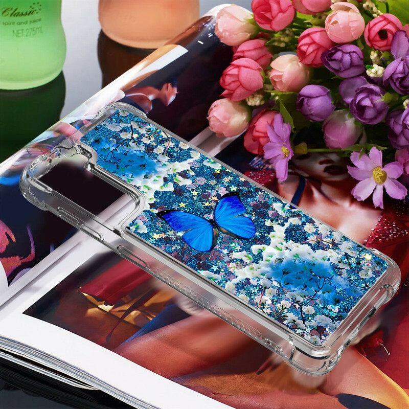 Kuori Samsung Galaxy S21 5G Glitter Blue Butterflies