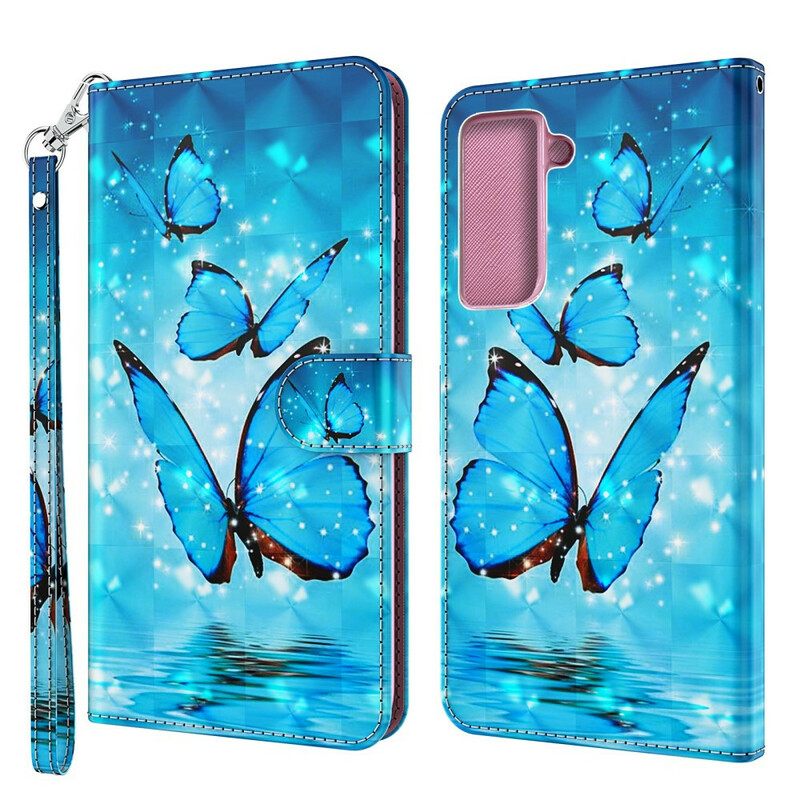 Nahkakotelo Samsung Galaxy S21 5G Flying Blue Butterflies