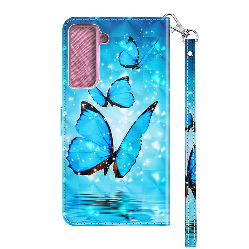 Nahkakotelo Samsung Galaxy S21 5G Flying Blue Butterflies