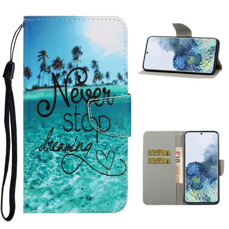 Nahkakotelo Samsung Galaxy S21 5G Suojaketju Kuori Never Stop Dreaming Navy Strappy