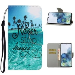 Nahkakotelo Samsung Galaxy S21 5G Suojaketju Kuori Never Stop Dreaming Navy Strappy