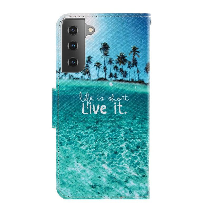 Nahkakotelo Samsung Galaxy S21 5G Suojaketju Kuori Never Stop Dreaming Navy Strappy