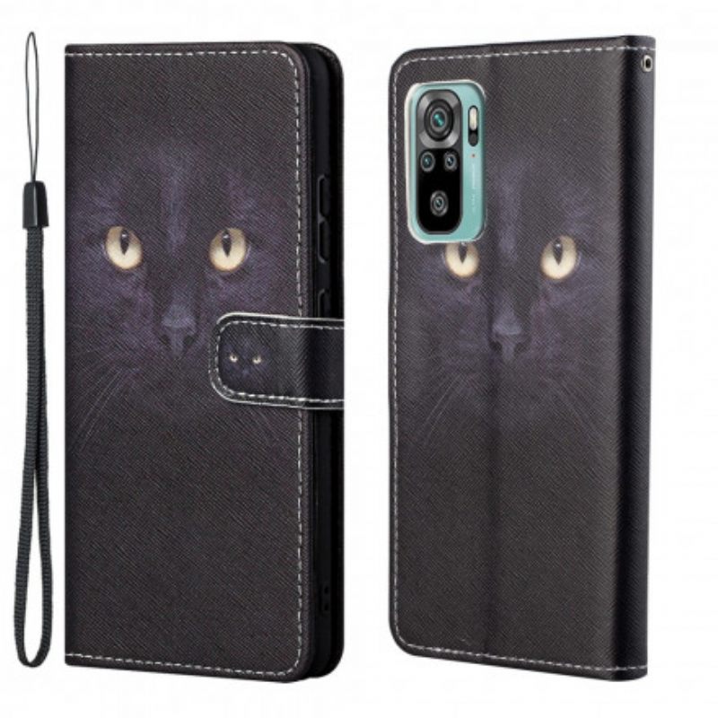 Flip Case Xiaomi Redmi 10 Suojaketju Kuori Black Cat Eyes Hihnalla