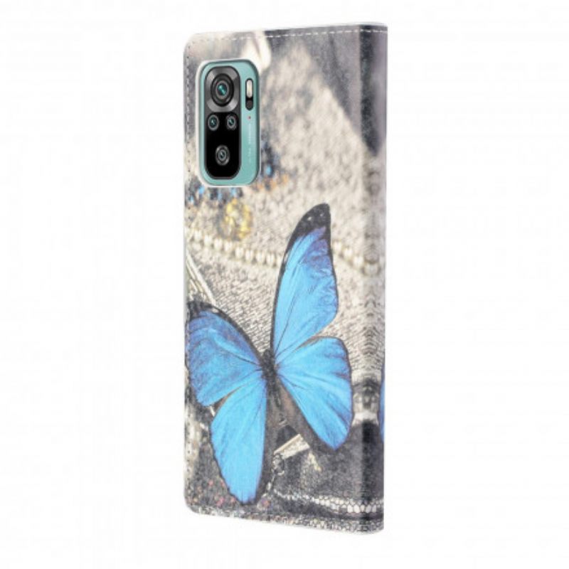 Nahkakotelo Xiaomi Redmi 10 Suojaketju Kuori Blue Butterfly Hihnalla