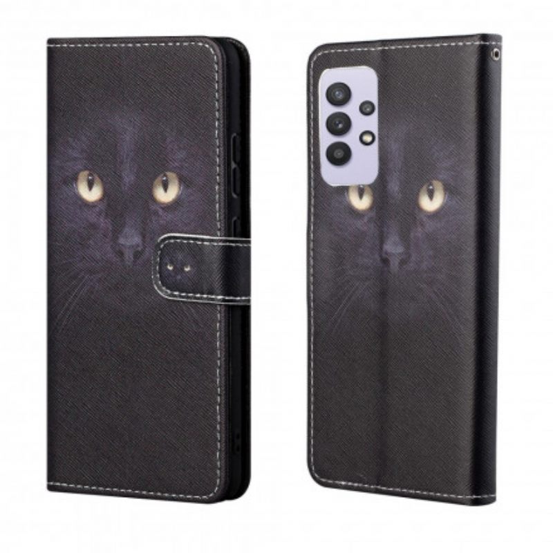 Flip Case Samsung Galaxy A32 4G Suojaketju Kuori Black Cat Eyes Hihnalla