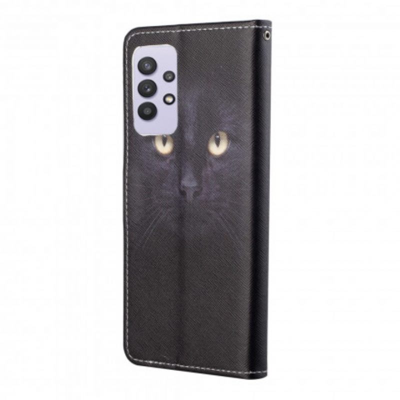 Flip Case Samsung Galaxy A32 4G Suojaketju Kuori Black Cat Eyes Hihnalla