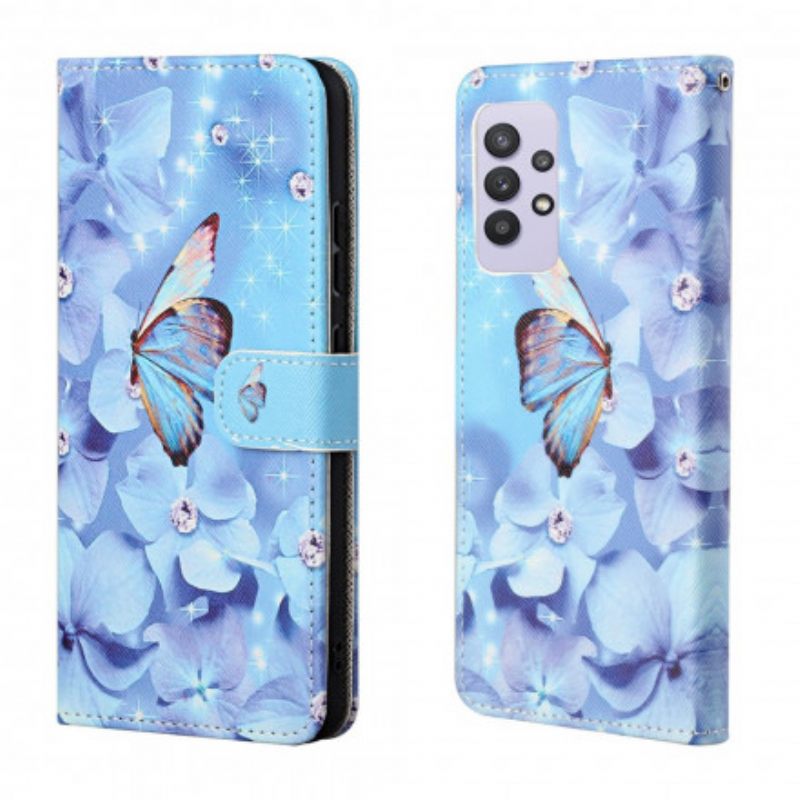 Flip Case Samsung Galaxy A32 4G Suojaketju Kuori Diamond Butterflies Hihnalla