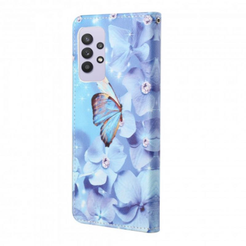 Flip Case Samsung Galaxy A32 4G Suojaketju Kuori Diamond Butterflies Hihnalla