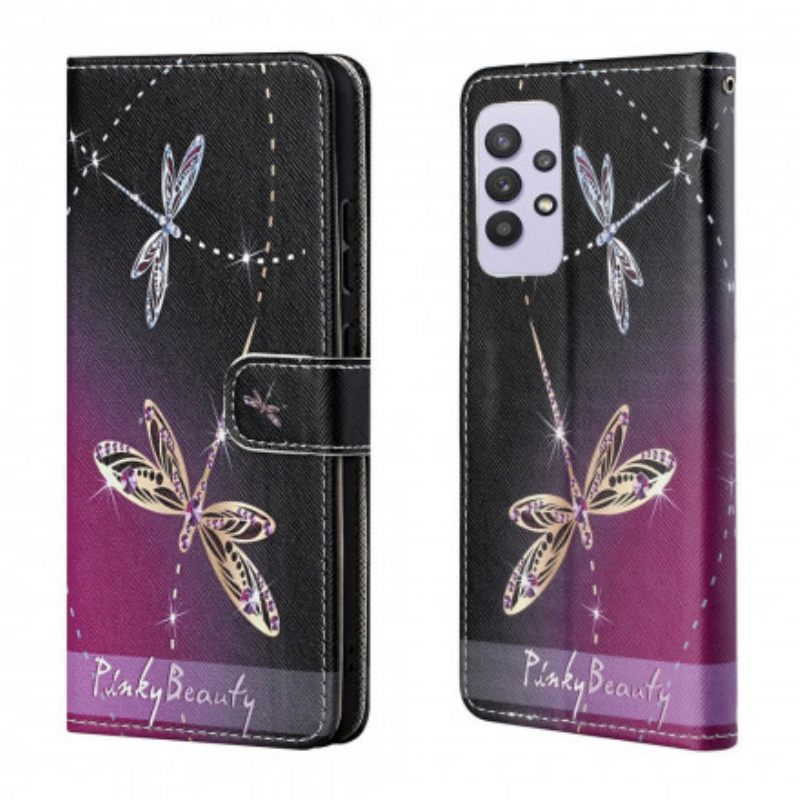 Nahkakotelo Samsung Galaxy A32 4G Suojaketju Kuori Strappy Dragonflies