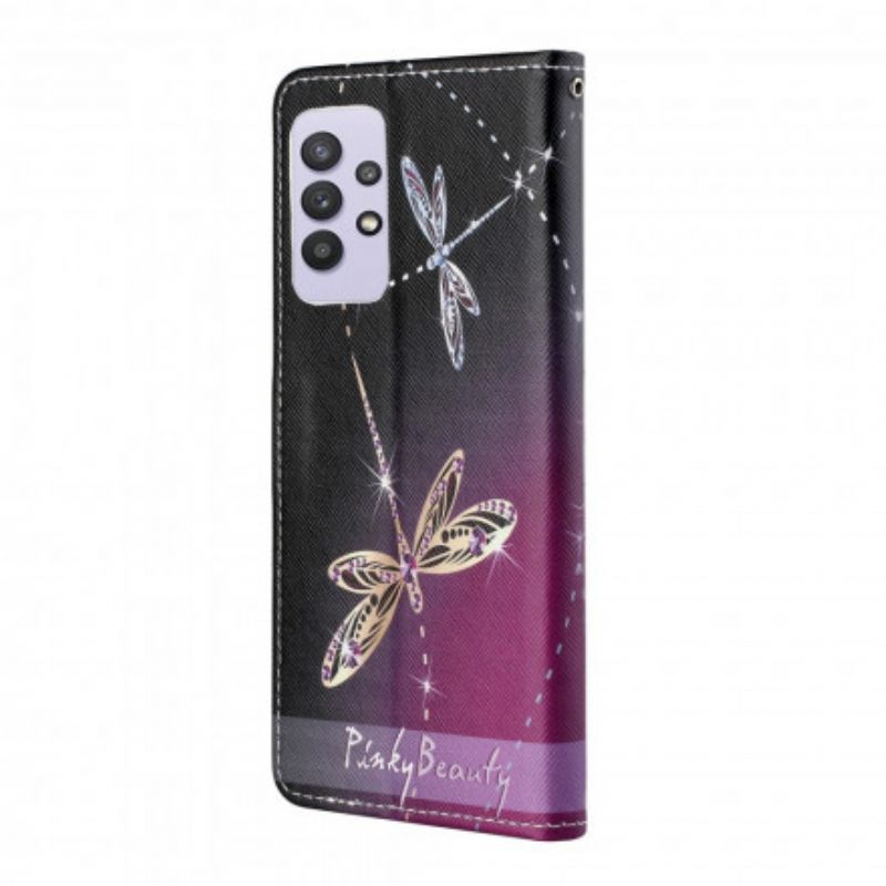 Nahkakotelo Samsung Galaxy A32 4G Suojaketju Kuori Strappy Dragonflies