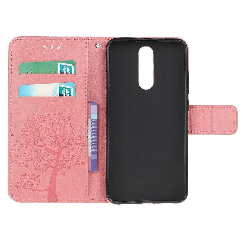 Flip Case Xiaomi Redmi 8 Suojaketju Kuori Tree Ja Pöllöt Hihnalla