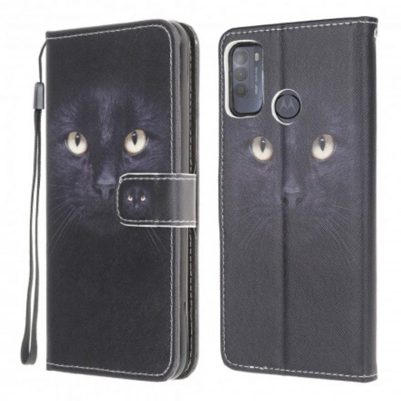 Flip Case Moto G50 Suojaketju Kuori Black Cat Eyes Hihnalla