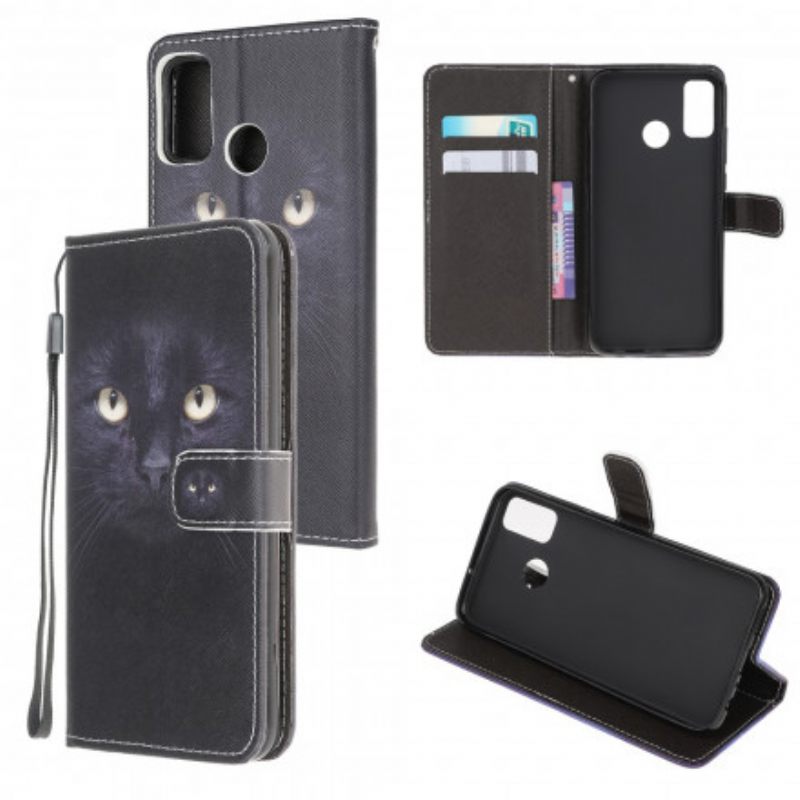 Flip Case Moto G50 Suojaketju Kuori Black Cat Eyes Hihnalla