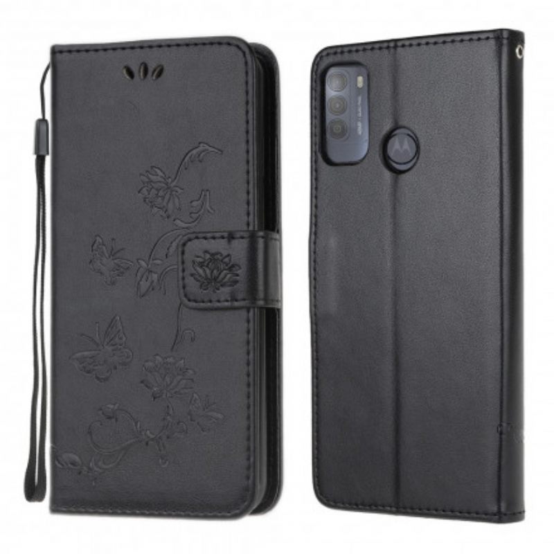 Nahkakotelo Moto G50 Suojaketju Kuori Butterflies And Flowers Strap