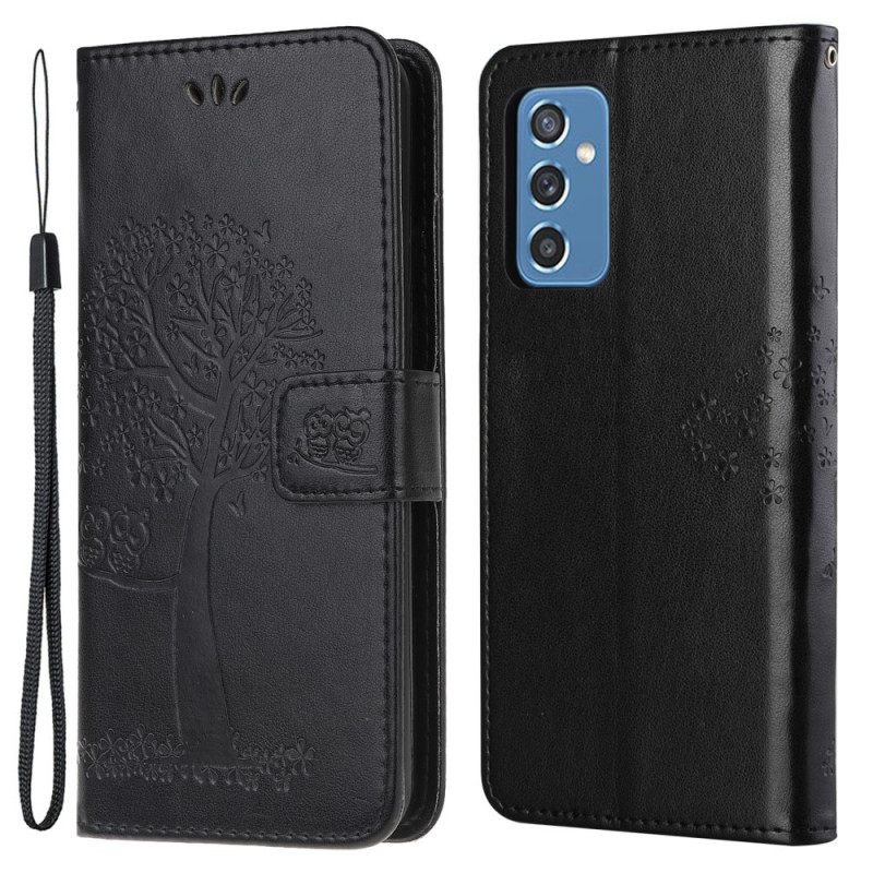 Flip Case Samsung Galaxy M52 5G Suojaketju Kuori Tree Ja Pöllöt Hihnalla