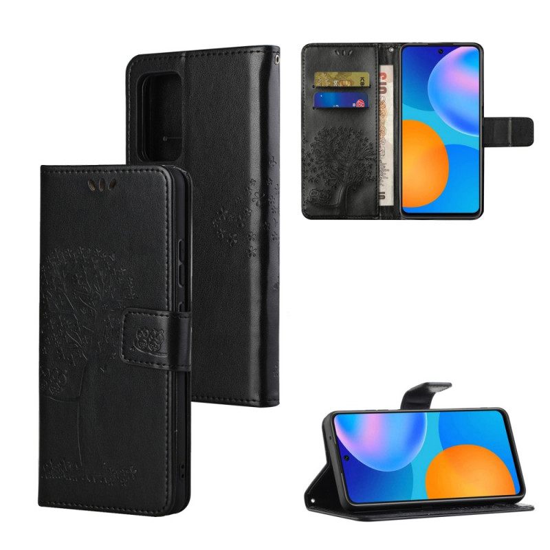 Flip Case Samsung Galaxy M52 5G Suojaketju Kuori Tree Ja Pöllöt Hihnalla