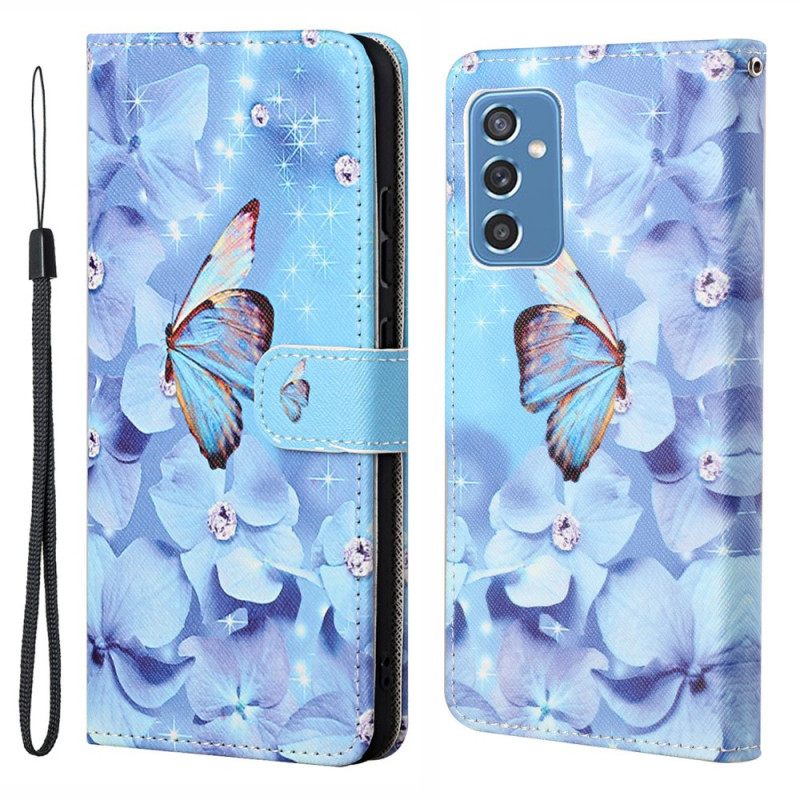 Nahkakotelo Samsung Galaxy M52 5G Suojaketju Kuori Diamond Butterflies Hihnalla