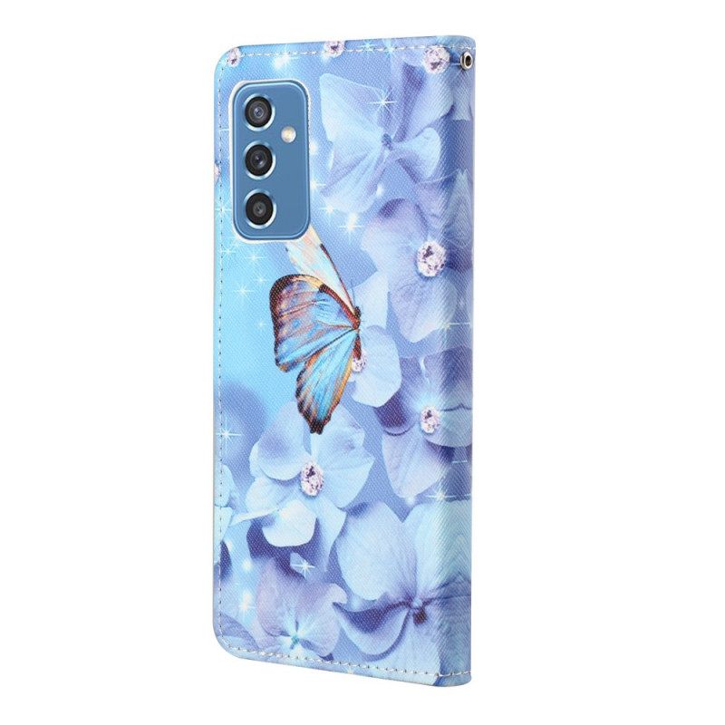 Nahkakotelo Samsung Galaxy M52 5G Suojaketju Kuori Diamond Butterflies Hihnalla