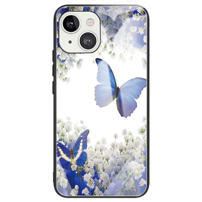 Kuori iPhone 14 Tempered Glass Blue Butterflies