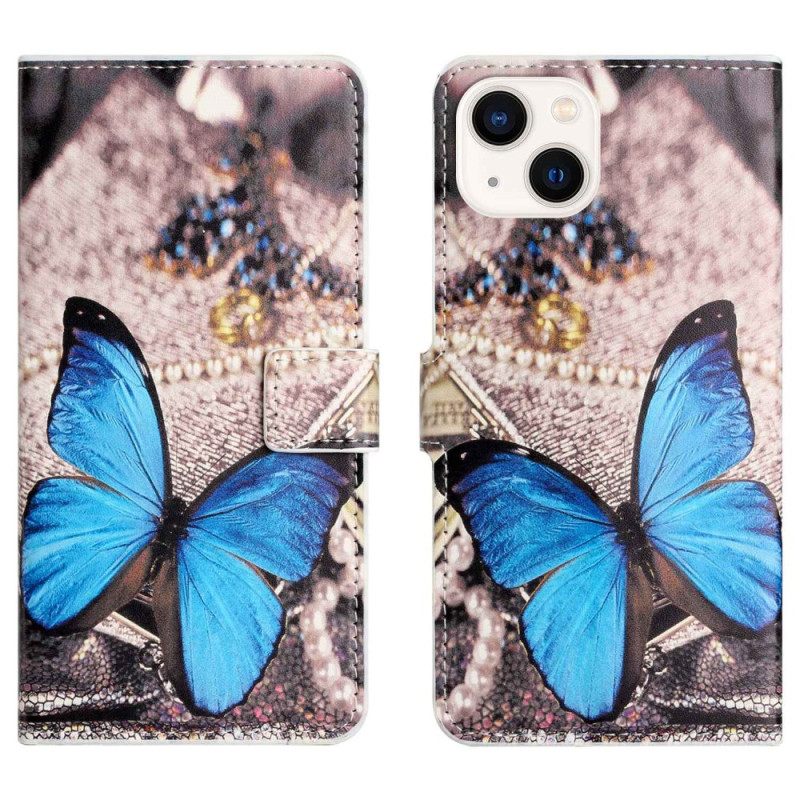 Nahkakotelo iPhone 14 Blue Butterfly