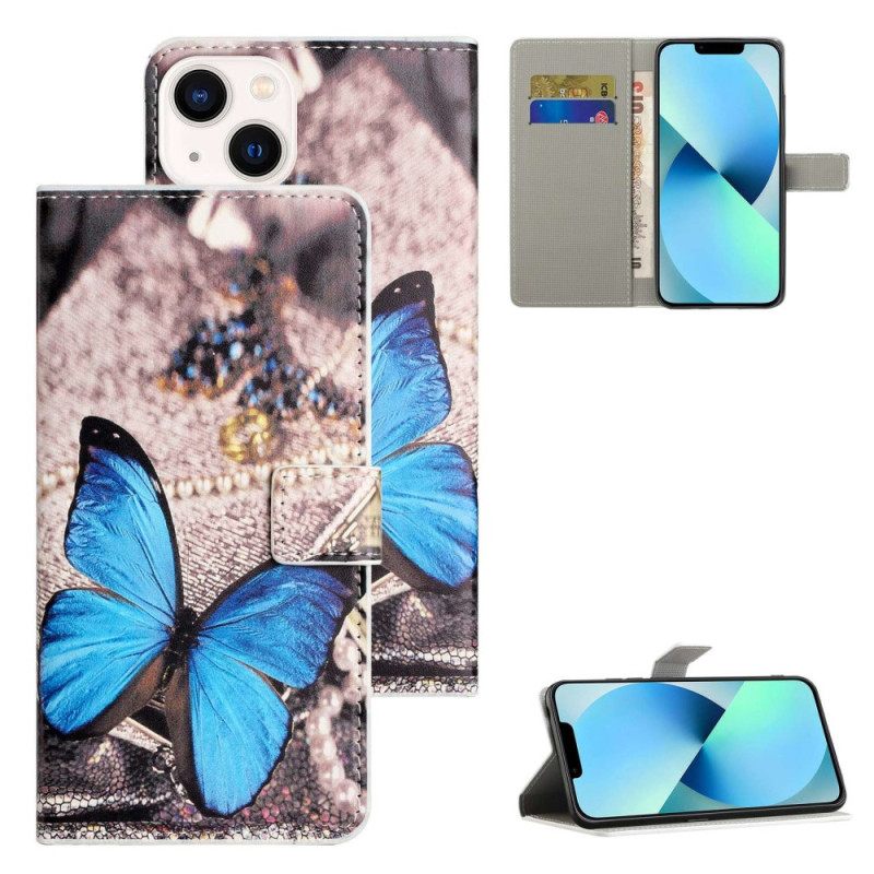 Nahkakotelo iPhone 14 Blue Butterfly