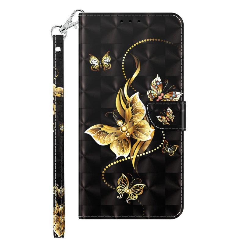 Nahkakotelo iPhone 14 Suojaketju Kuori Golden Butterflies Ja Kaulanauha