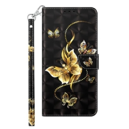 Nahkakotelo iPhone 14 Suojaketju Kuori Golden Butterflies Ja Kaulanauha