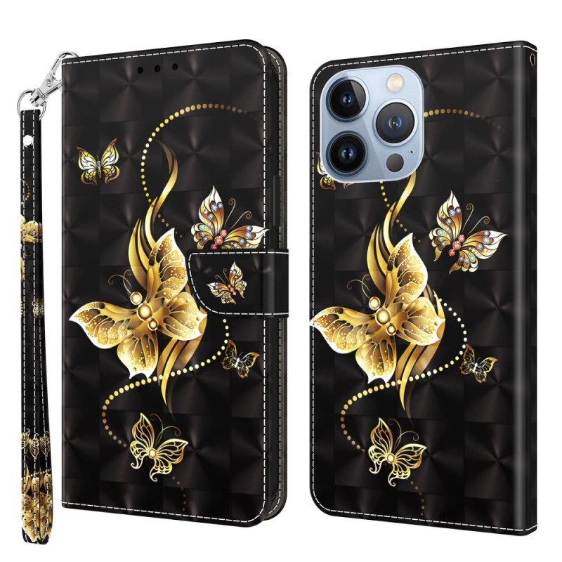 Nahkakotelo iPhone 14 Suojaketju Kuori Golden Butterflies Ja Kaulanauha