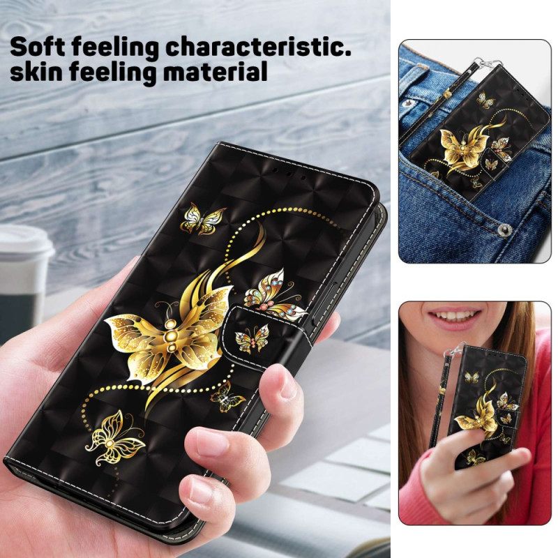 Nahkakotelo iPhone 14 Suojaketju Kuori Golden Butterflies Ja Kaulanauha