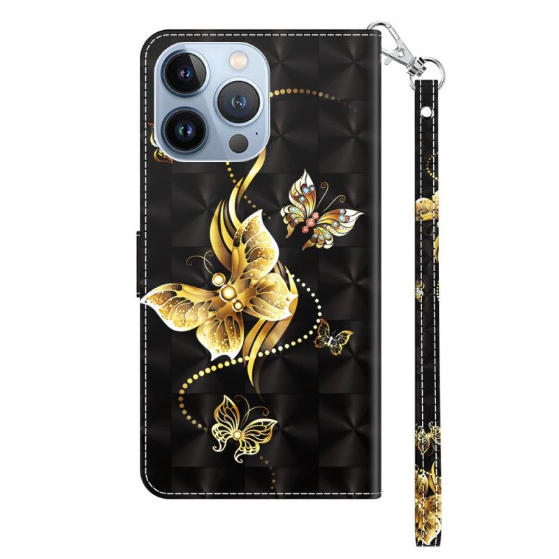 Nahkakotelo iPhone 14 Suojaketju Kuori Golden Butterflies Ja Kaulanauha