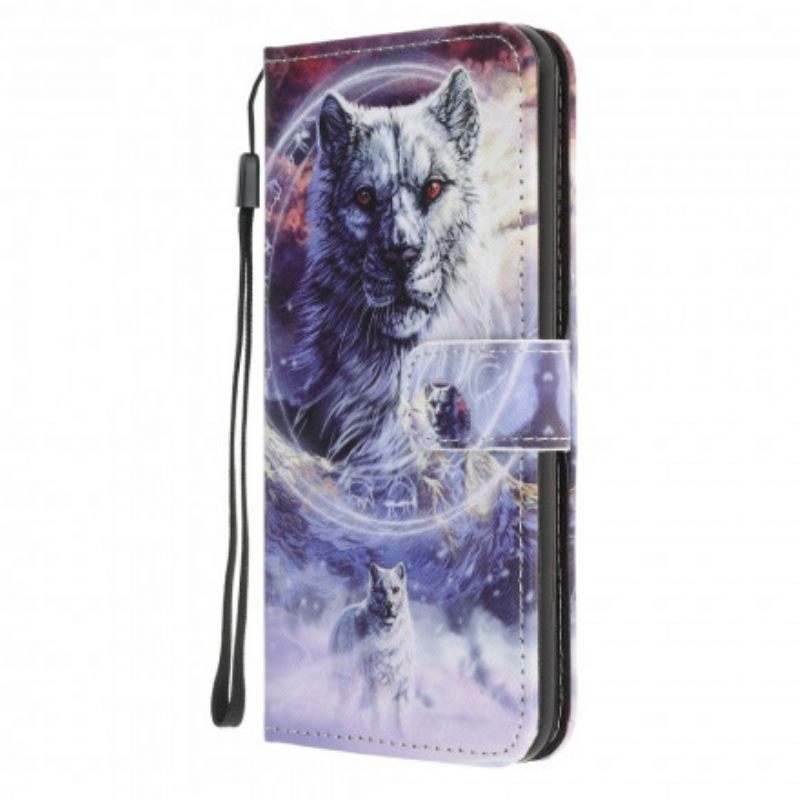 Flip Case Samsung Galaxy A32 5G Wolf Talvella Kaulanauhan Kanssa