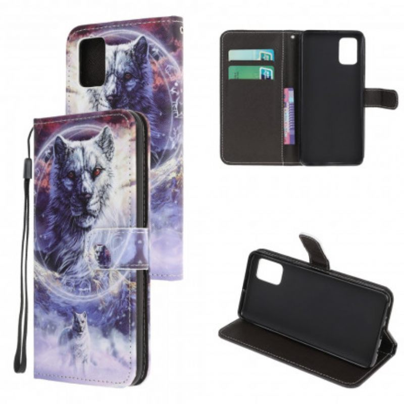 Flip Case Samsung Galaxy A32 5G Wolf Talvella Kaulanauhan Kanssa