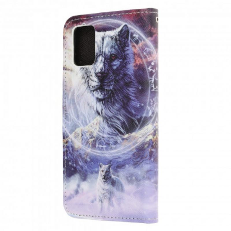 Flip Case Samsung Galaxy A32 5G Wolf Talvella Kaulanauhan Kanssa